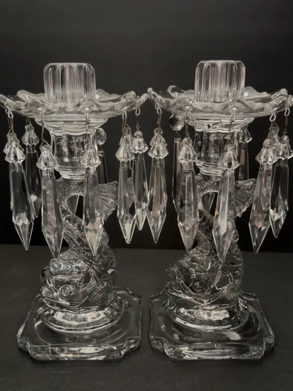 Pair of Cambridge Glass Candle Holders Fish Figure Bases w/Crystal Prisms 9,5